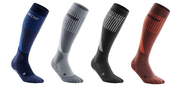 CEP Cold Weather Compression Socks - showing 4 colours: navy, grey, black and dark orange