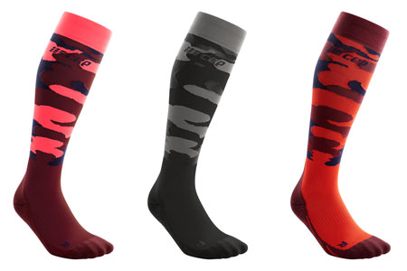 CEP Camocloud Compression Socks showing Black/Grey, Lava/Peacoat and Pink/Peacoat