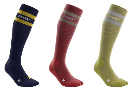 CEP Merino Wool 80’s Compression Socks showing Peacoat/Gold, Berry/Sand and Olive/Grey